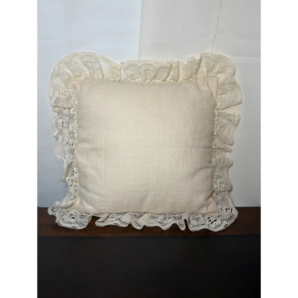 Vintage Embroidered Violet Bouquet Lace Ruffle Throw Pillow Cottage Shabby Chic
